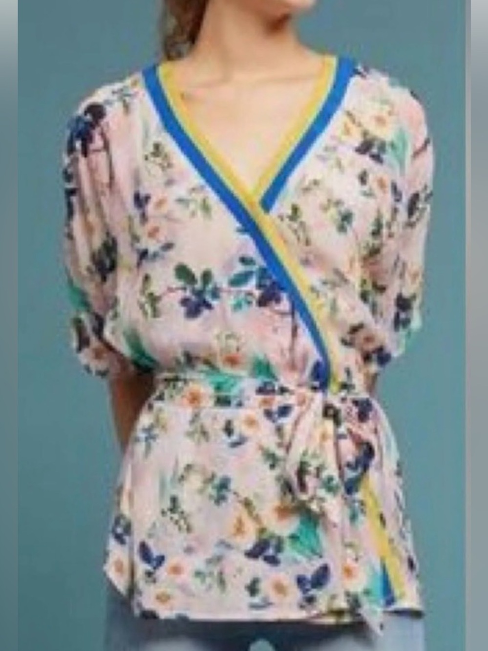 Anthropology Rdalamal Floral Print Wrap Blouse Pink
